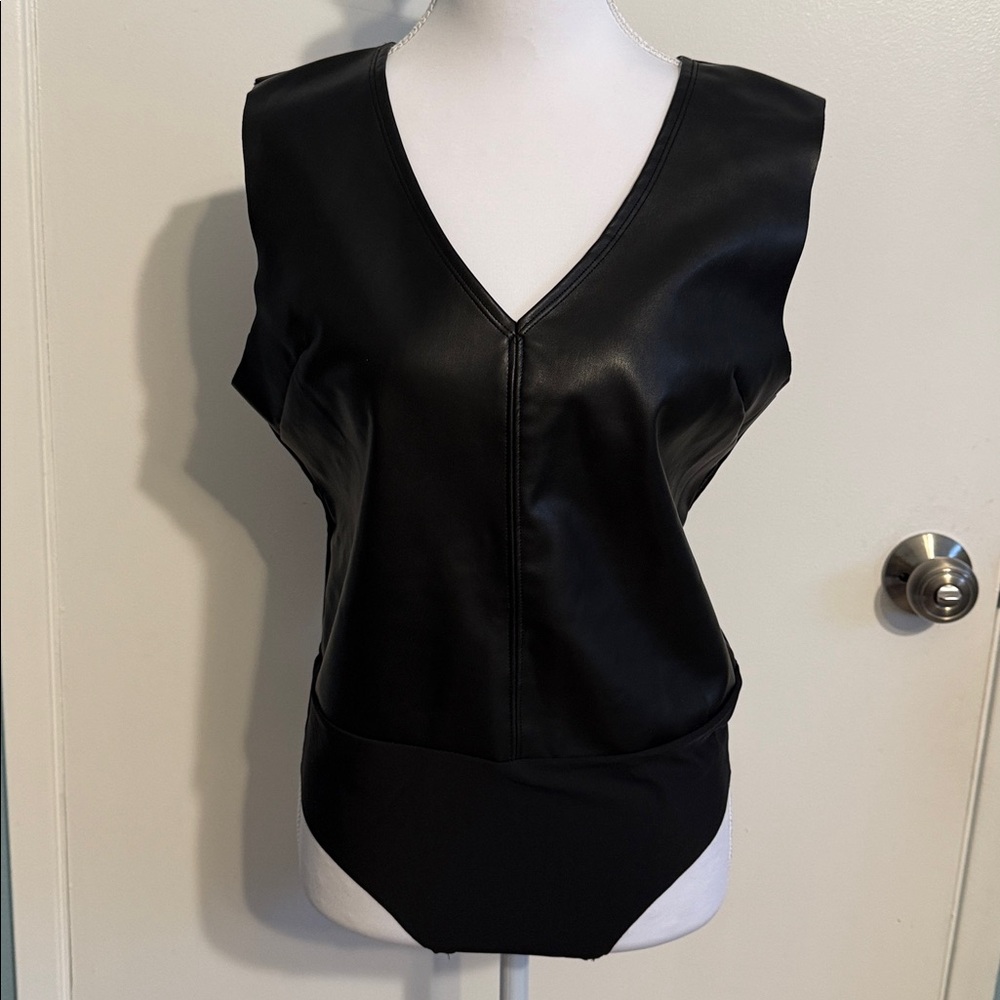 Seven7 Black Faux Leather V-Neck Blouse